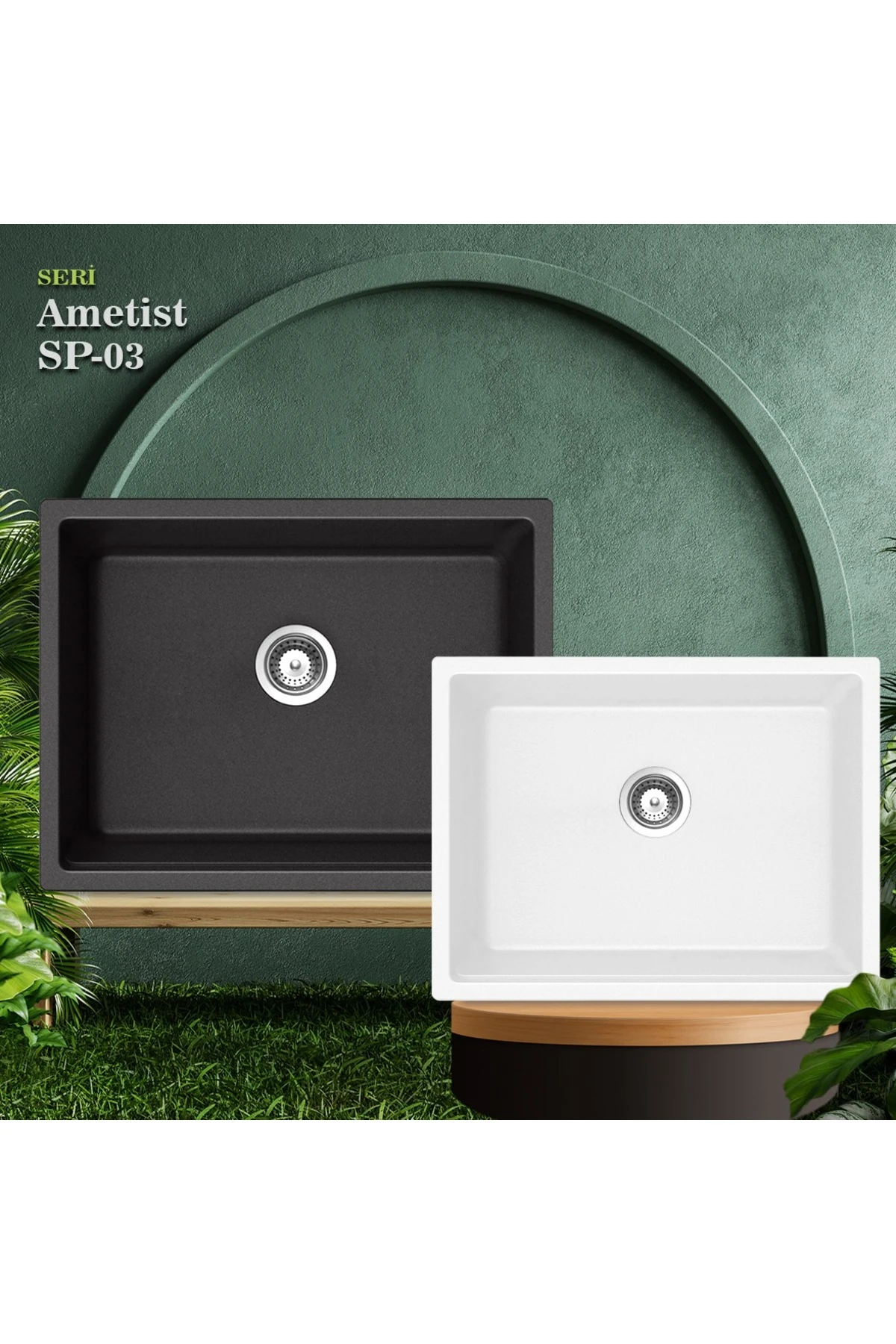 Granit Eviye | Kare | Ekstra Geniş Hazne | Beyaz | Ametist Sp06 | Evye