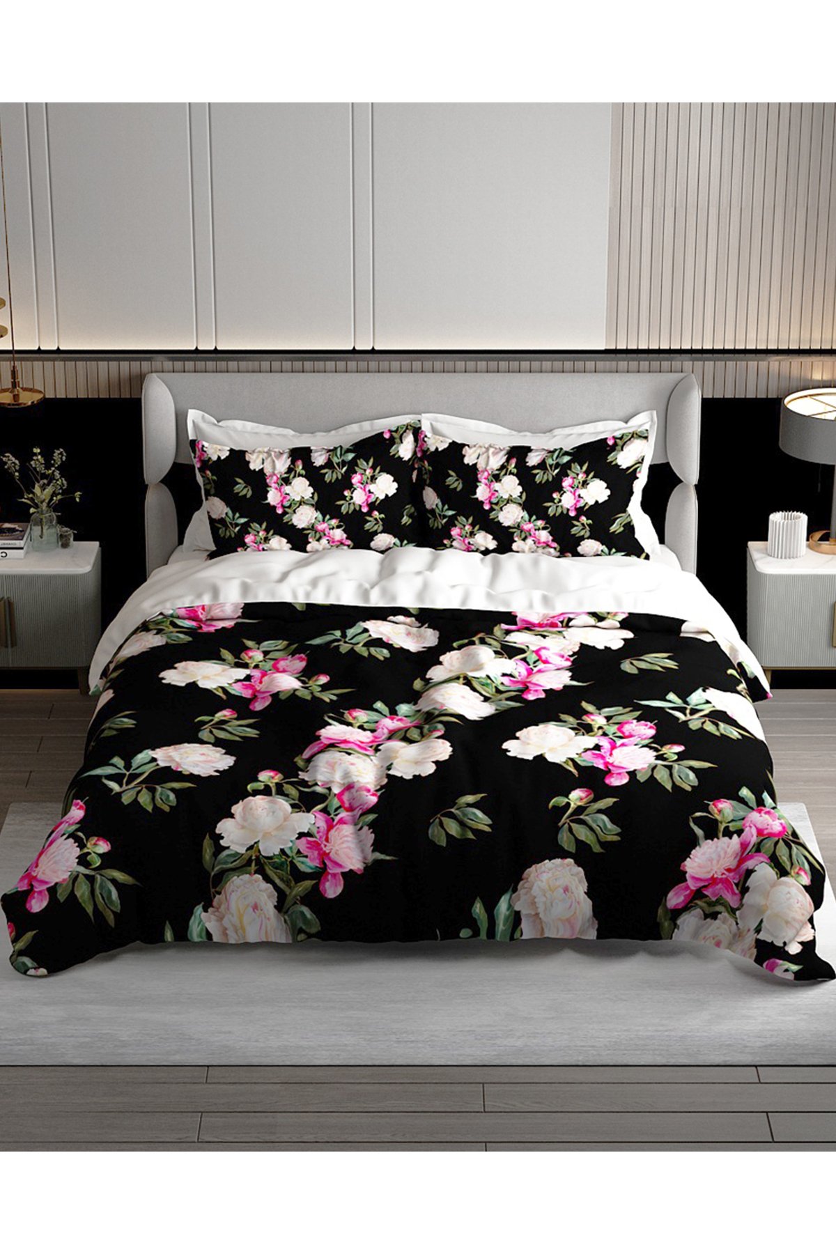 Lastikli Çarşaflı %100 Pamuk Saten Çift Kişilik Nevresim Takımı Black Flower