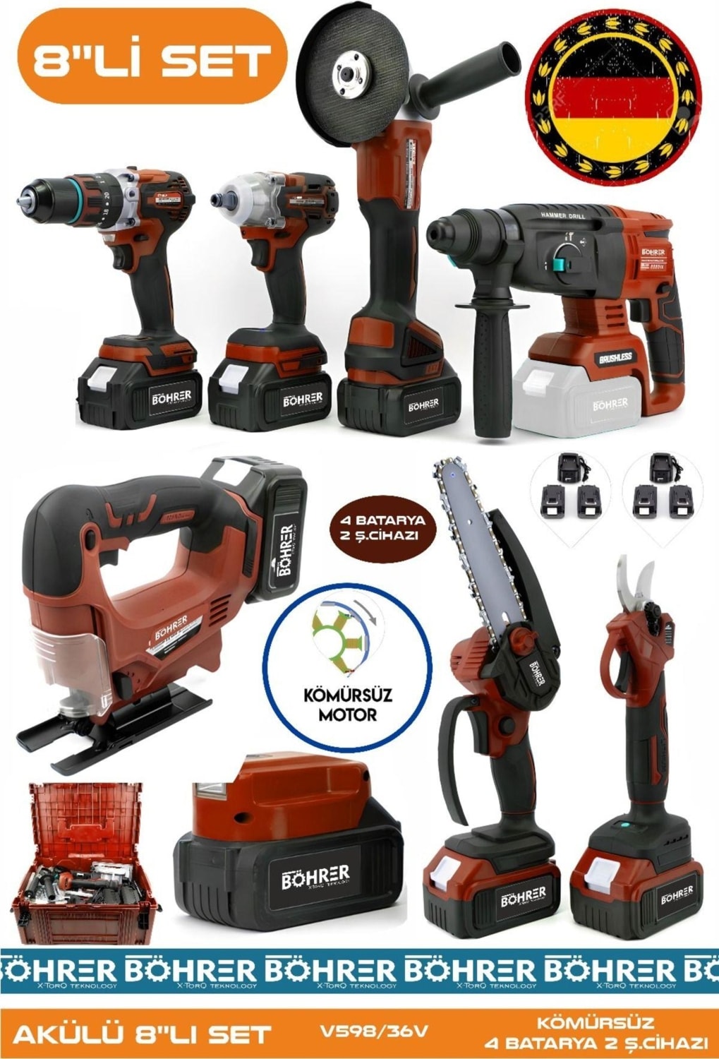 Alman Akülü Kömürsüz V598 5AH Profesypnel 8 Makine Kombo Set ,kırmızı 4 Batarya 2 Şarj