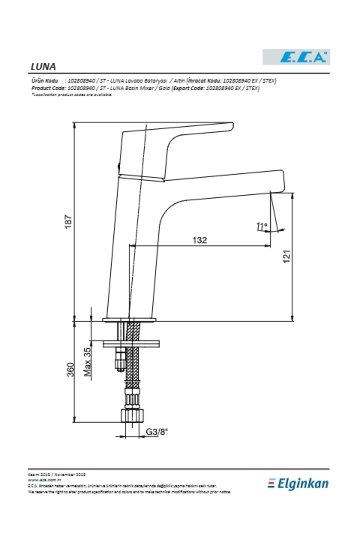 Luna Lavabo Bataryası Altın Görünümlü