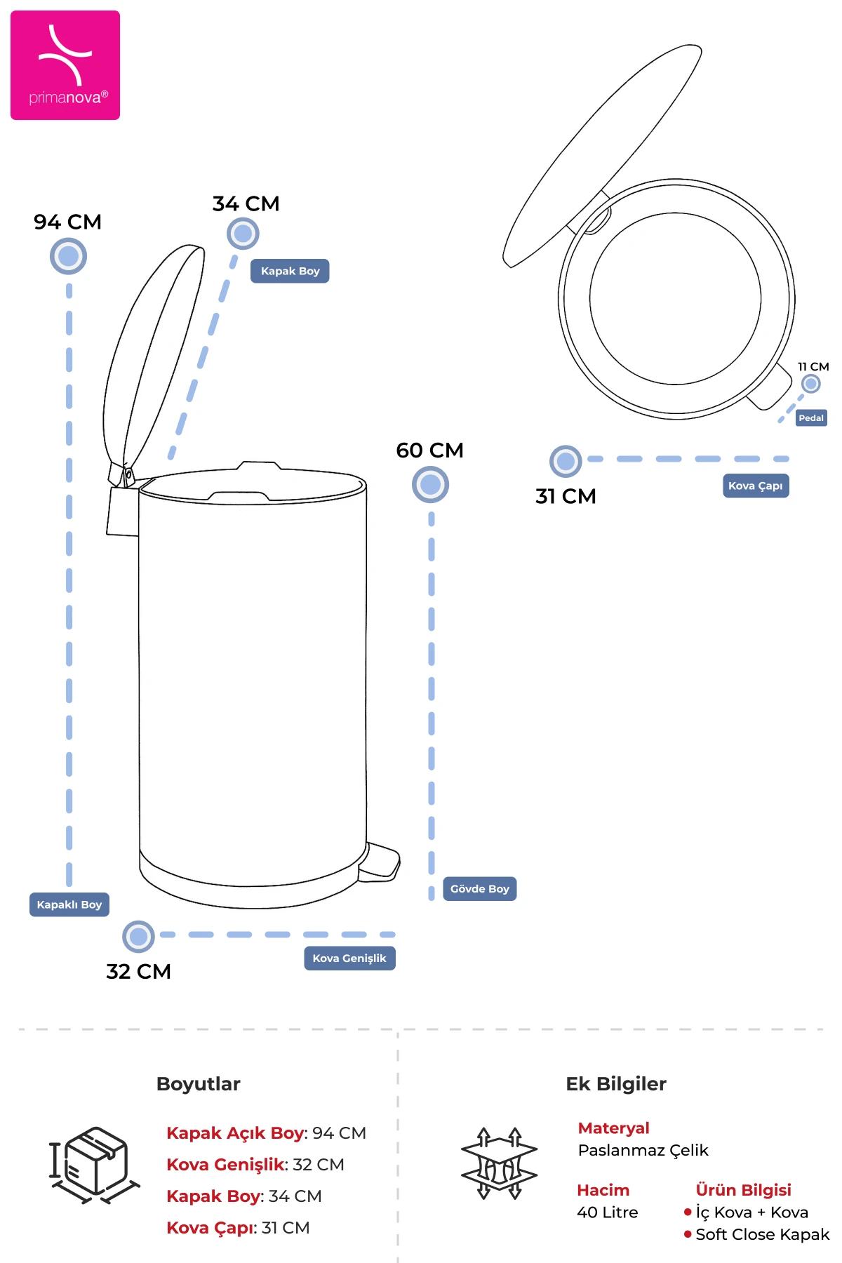 Paslanmaz Çelik Bombe Kapaklı Çöp Kovası 40 Litre Inox