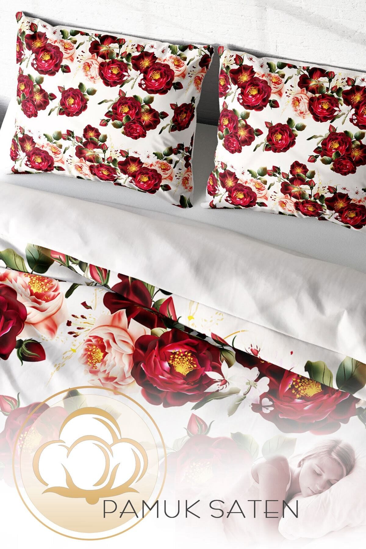 Kıng Sıze Red Rose Naturel Çift Kişilik Nevresim Takımı 220x240cm