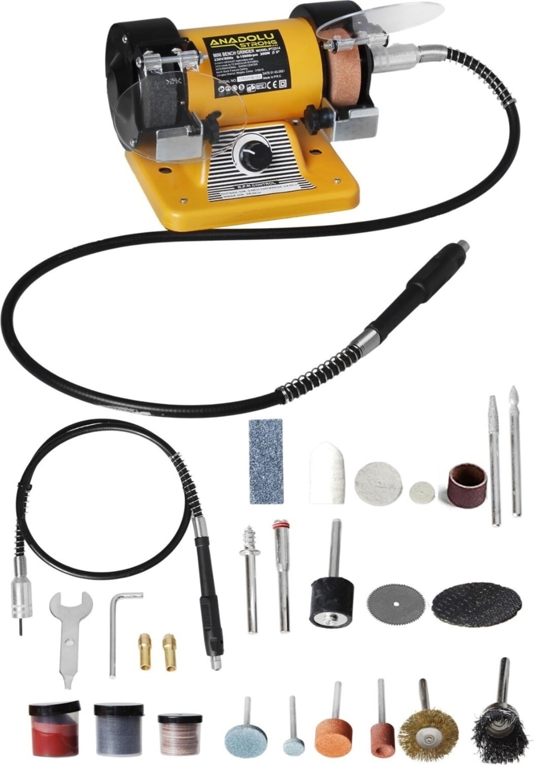 Turbo Motorlu 200 Watt Çark Motoru Zımpara Balta Bıçak Bileme Makinesi + 112 Parça Gravür Uç Seti