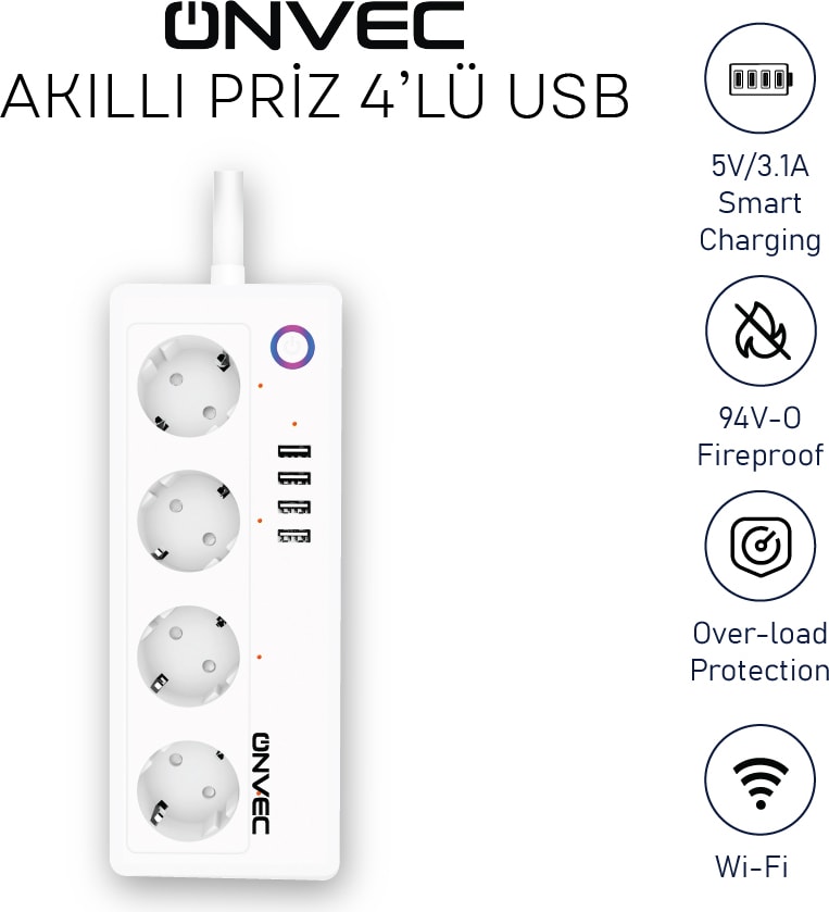 4'lü Akım Korumalı Usbli Akıllı Grup Priz