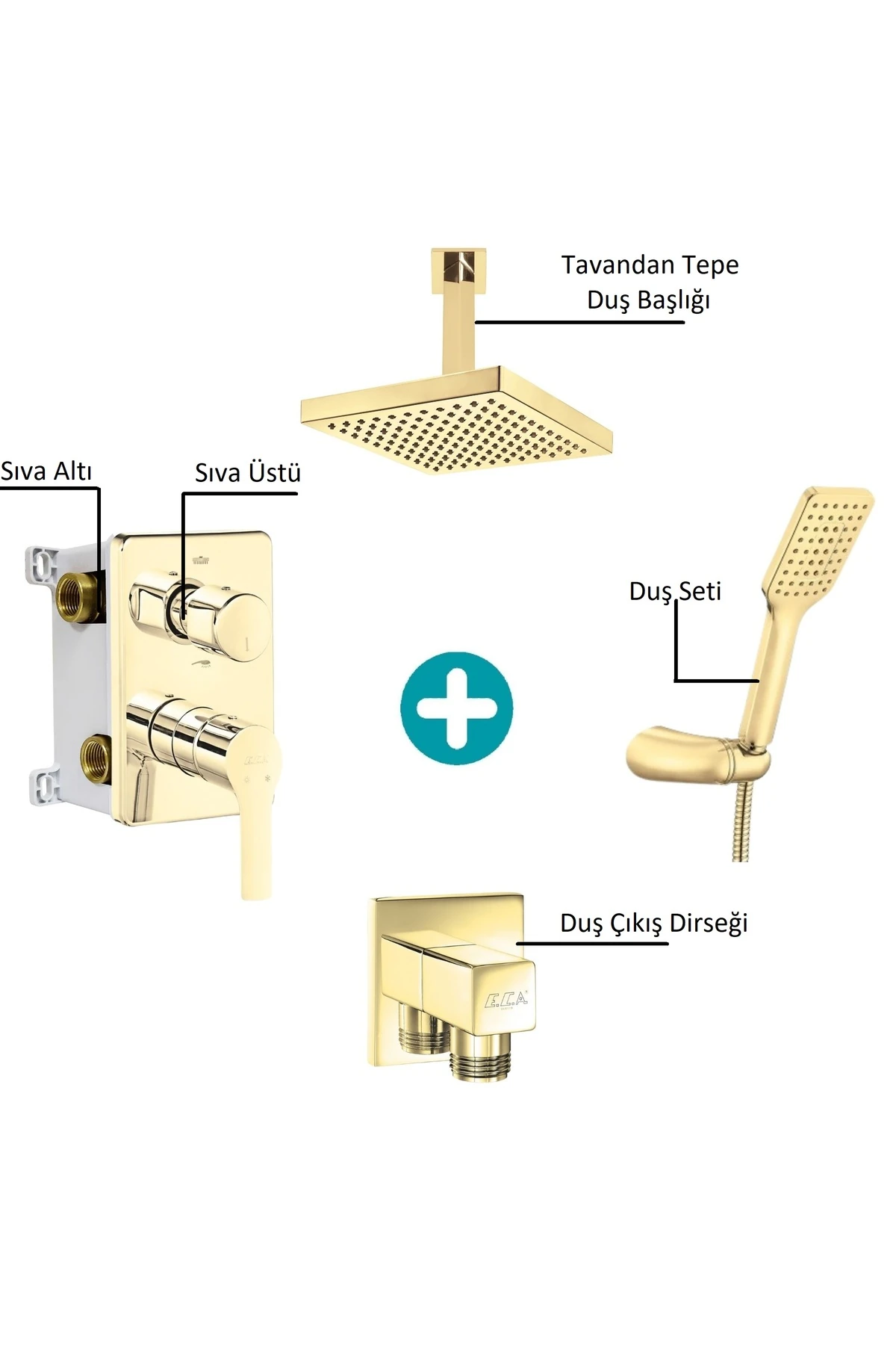 Luna Ankastre 2 Yollu Gömme Banyo Bataryası Altın Renkli Duş Seti Tüm Parçalar Dahil Tavandan