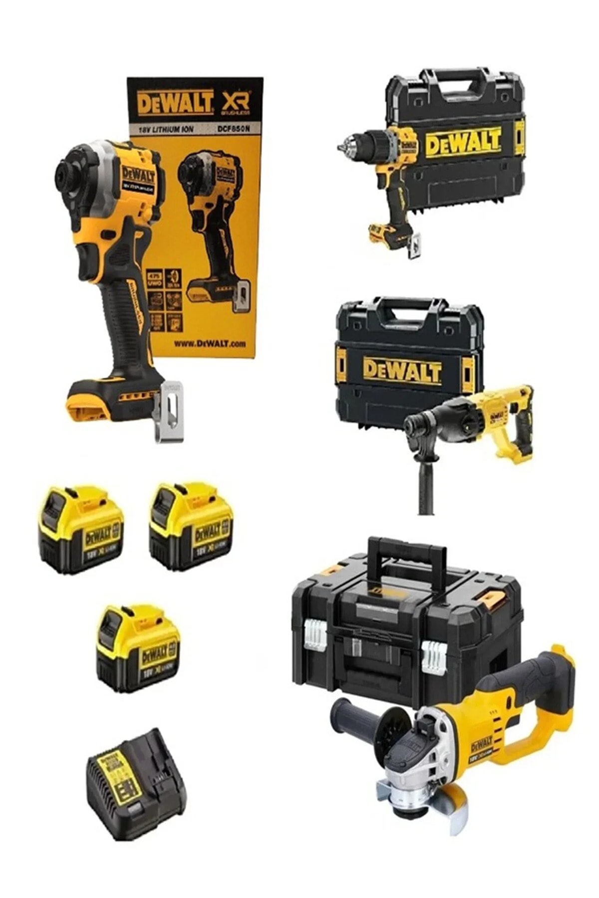 DEWALT Dcd805Darbeli Vidalama+Dcf850Tork Vidalama+Dch133Kır-del+Dcg412AvuçTaşlama+3x4AhAkü1xDolum cihzı