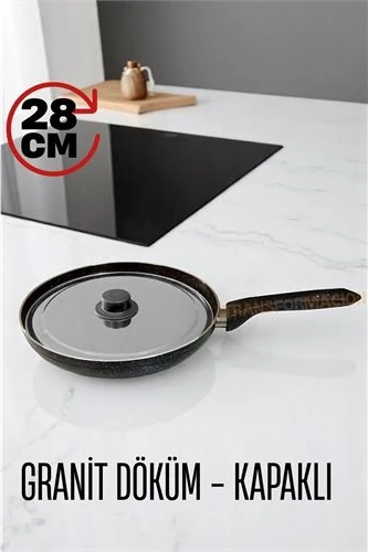 Granit Döküm Tava Paslanmaz Çelik Kapaklı -Yapışmaz Taban 28 cm