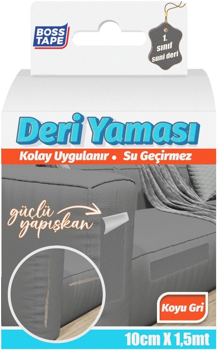 Yapışkanlı Deri Yaması Deri Koltuk Sandalye Yırtık Delik Onarım Koyu Gri EN:10CM Boy:1,5mt
