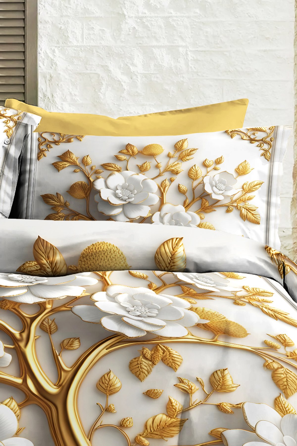 %100 PAMUK Ranforce Çeyizlik Luxury 5D Dijital Çift Kişilik Nevresim Takımı Dore