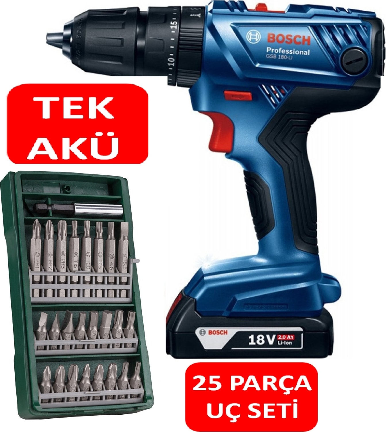 BOSCH Tek Akülü Darbeli Matkap 18V Akülü Vidalama Şarjlı Matkap + 25 Parça Vidalama Ucu Seti