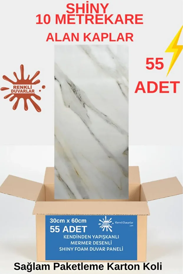 BS1764 Shiny 10m2 55 Adet 30x60cm Yapışkanlı  Mermer Desenli Karavan Banyo Wc Duvar Kaplama Paneli