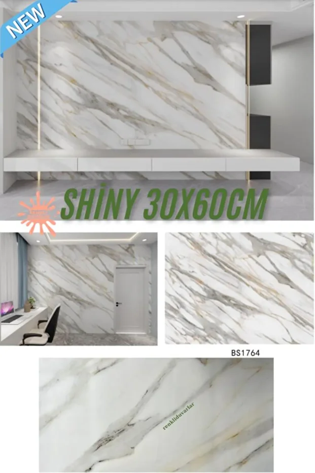 BS1764 Shiny 10m2 55 Adet 30x60cm Yapışkanlı  Mermer Desenli Karavan Banyo Wc Duvar Kaplama Paneli