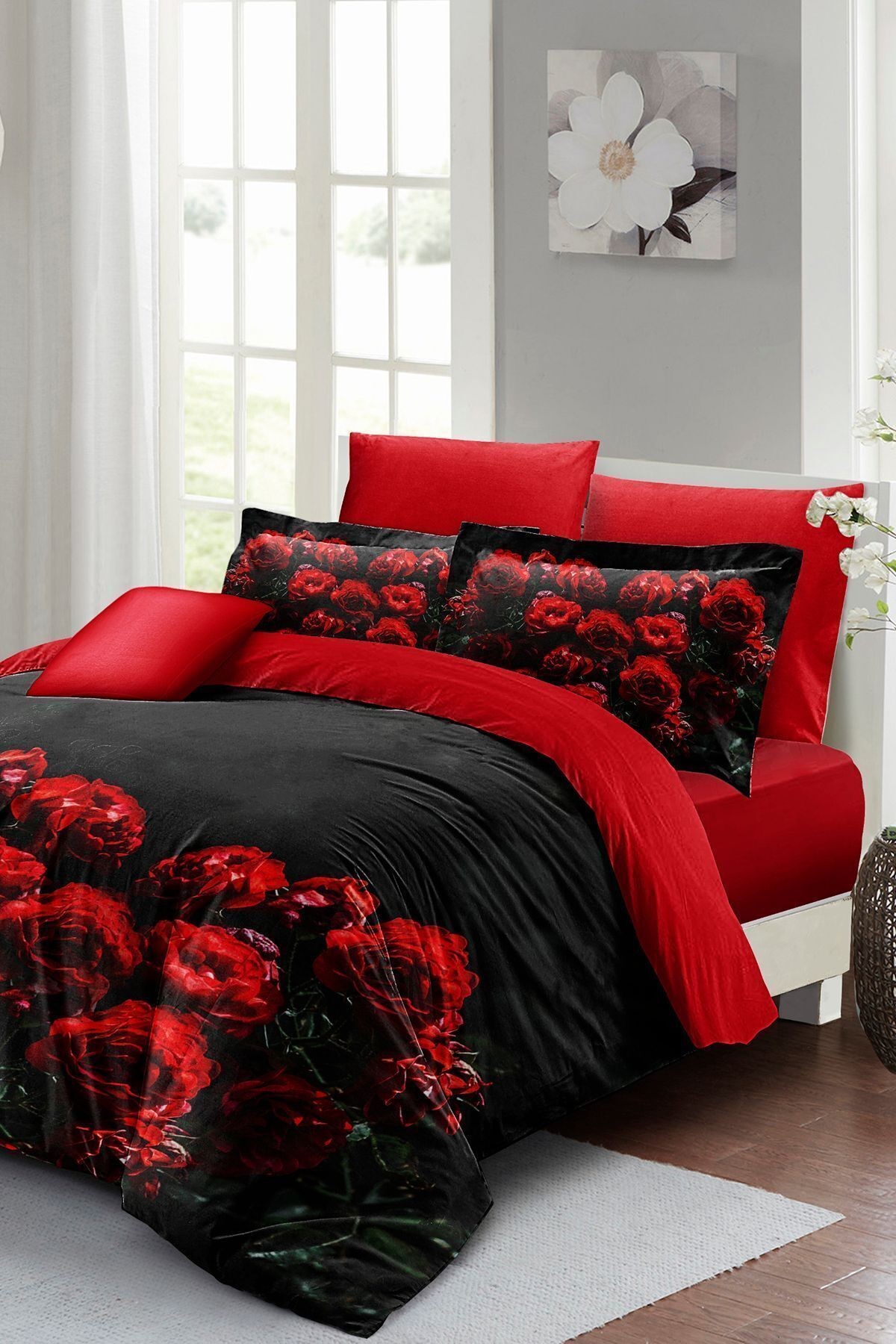 Sevgililer Günü Özel Çift Kişilik Nevresim Takımı Pamuk Saten Black Rose
