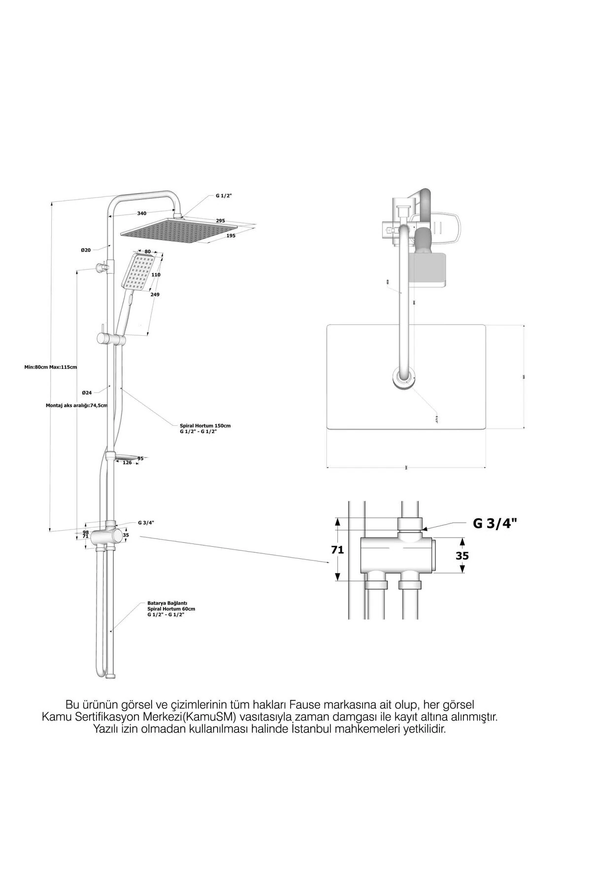 Teleskopik Kolonlu Tepe Duş Seti Robot Duş 3 Fonksiyon El Başlıklı Siyah Kds122-2b