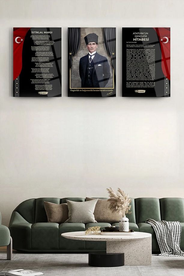 Atatürk 3'lü Set Cam Tablo- Atatürk Tablosu - İstiklal Marşı Tablosu - Gençliğe Hitabe Tablosu