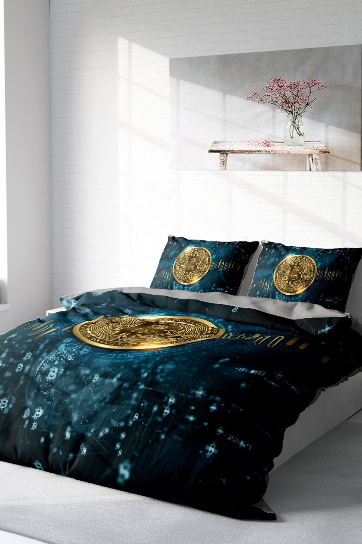 Bitcoin 3d Pamuk Saten Çift Kişilik Nevresim Takımı