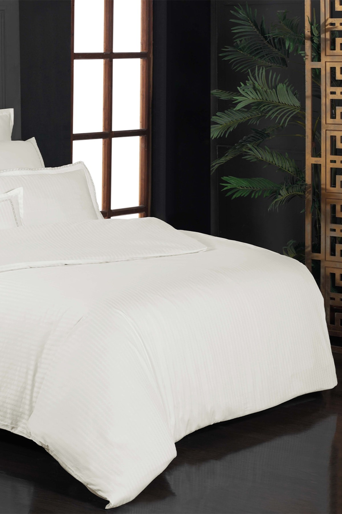 Jacquard Stripe Ekru Çift Kişilik 260 Tc %100 Pamuk Saten Nevresim Takımı