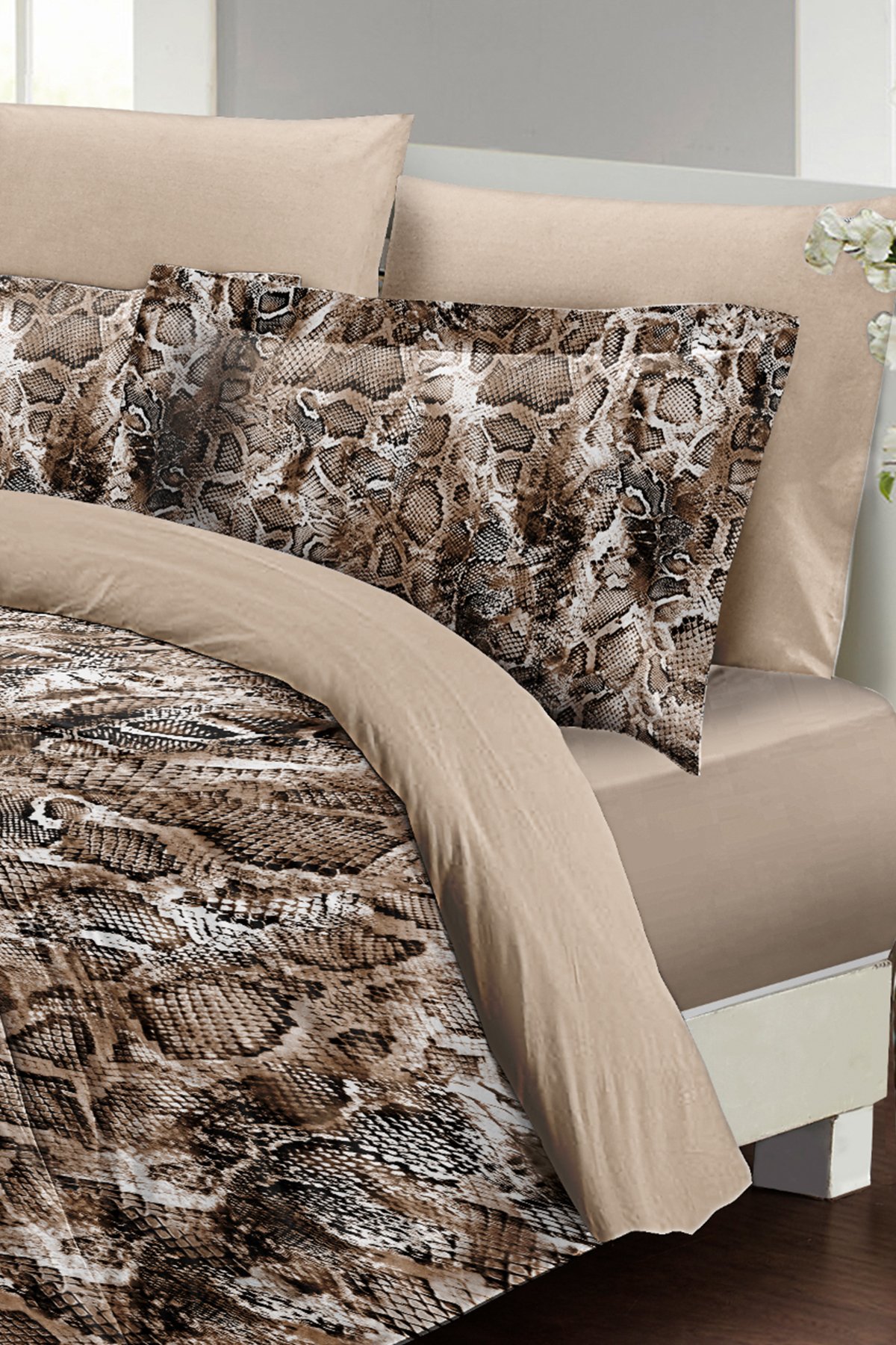Kıng Sıze %100 Pamuk Saten Çift Kişilik Nevresim Takımı Wall Snake 220x240cm