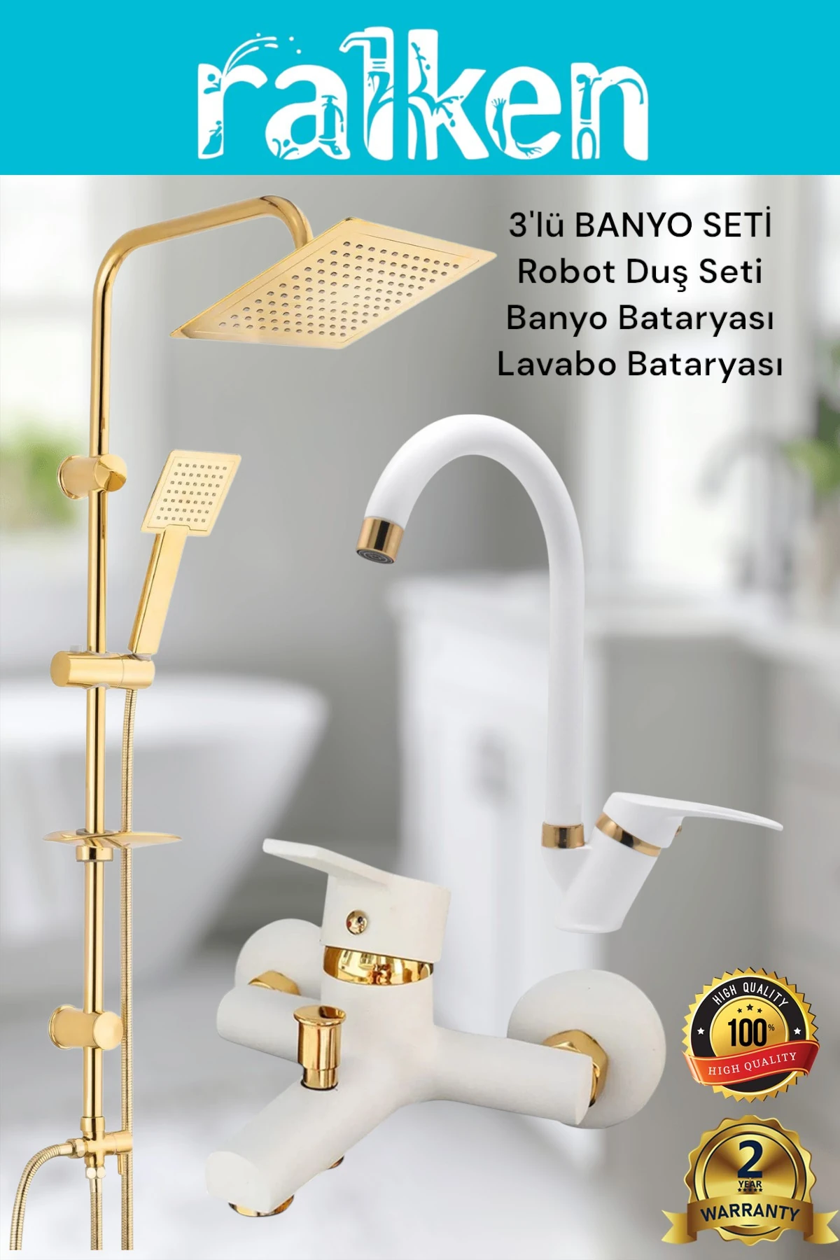 Lüx Beyaz Gold Kare 3’lü Banyo Seti Altın Robot Tepe Duş, Banyo, Lavabo Bataryası Musluk Takımı