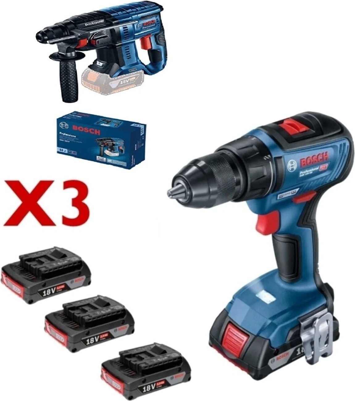 GSR18V-50 Akülü VIDALAMA+GBH180-LI Şarjlı Kırıcı +3x 2AH Akü+1xdolum Cihazı