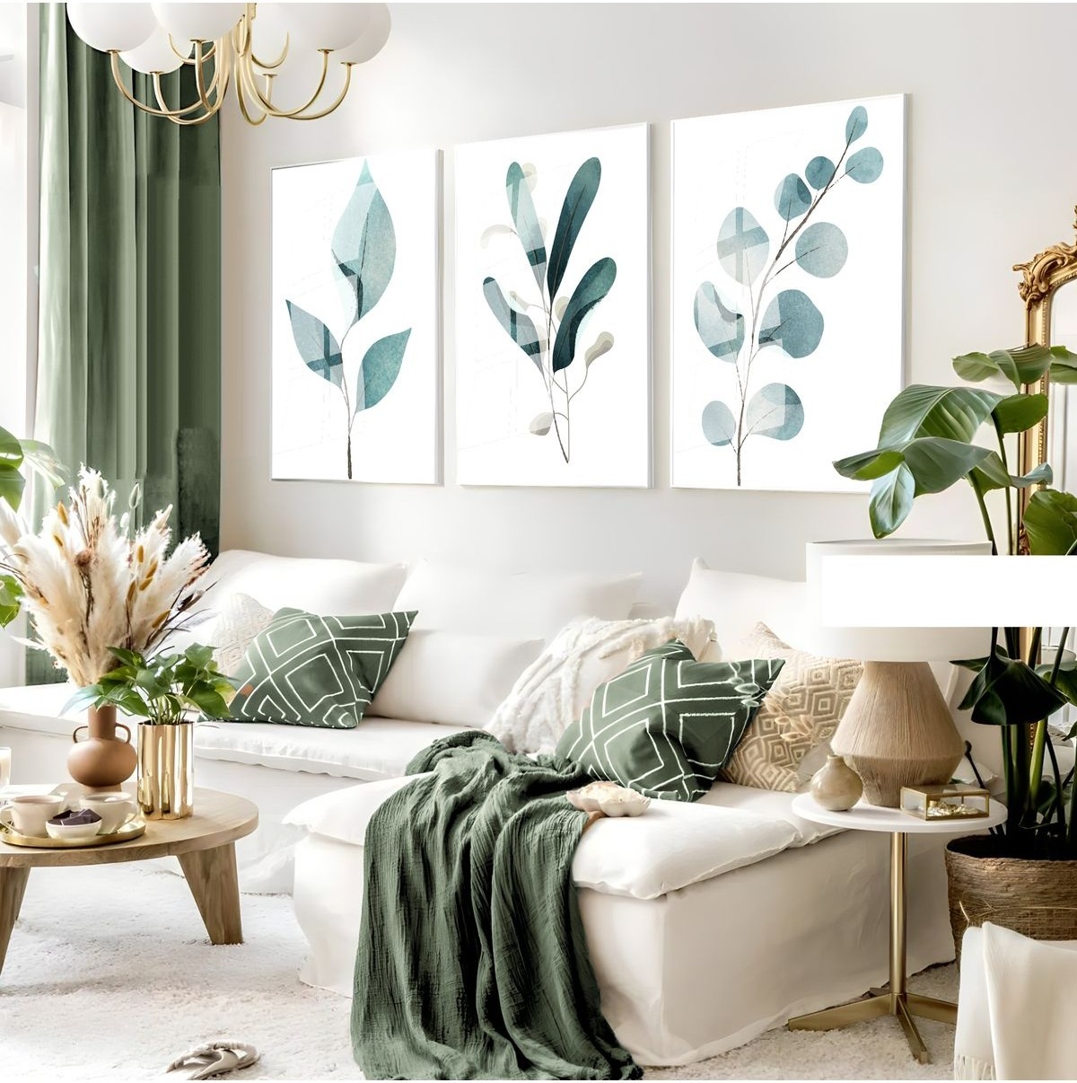 |yeşil Minimalist Yapraklar Seti |çerçeveli Cam Tablo 3lü Dikey