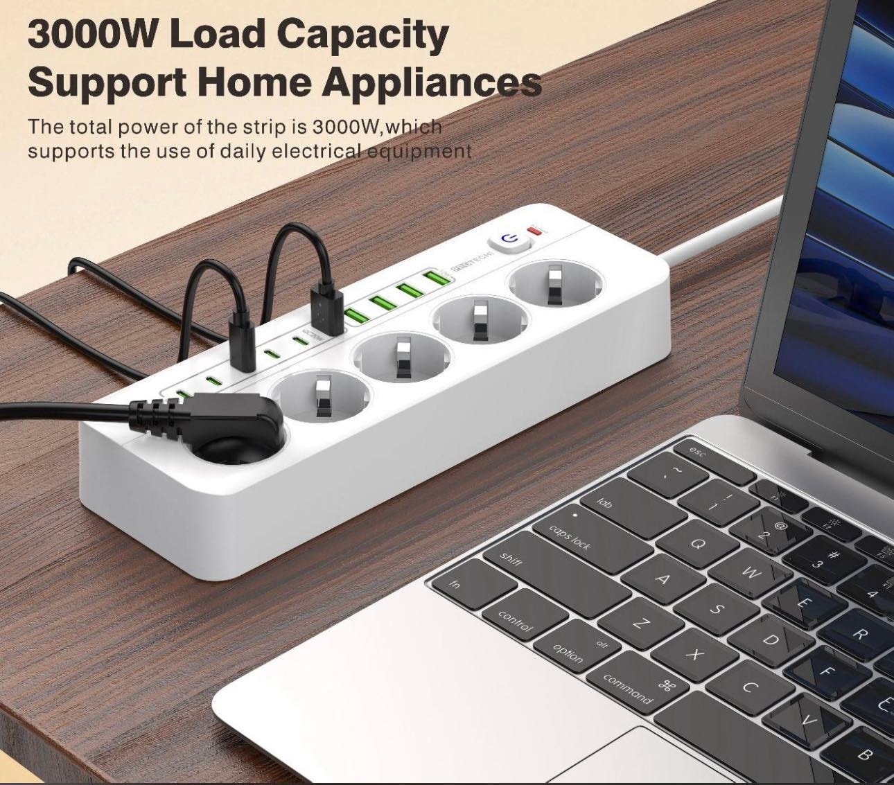 Termal Akım Korumalı Çocuk Kilitli 5 Priz / 5 USB / 5 Type-C Girişli 2 M Kablolu Priz