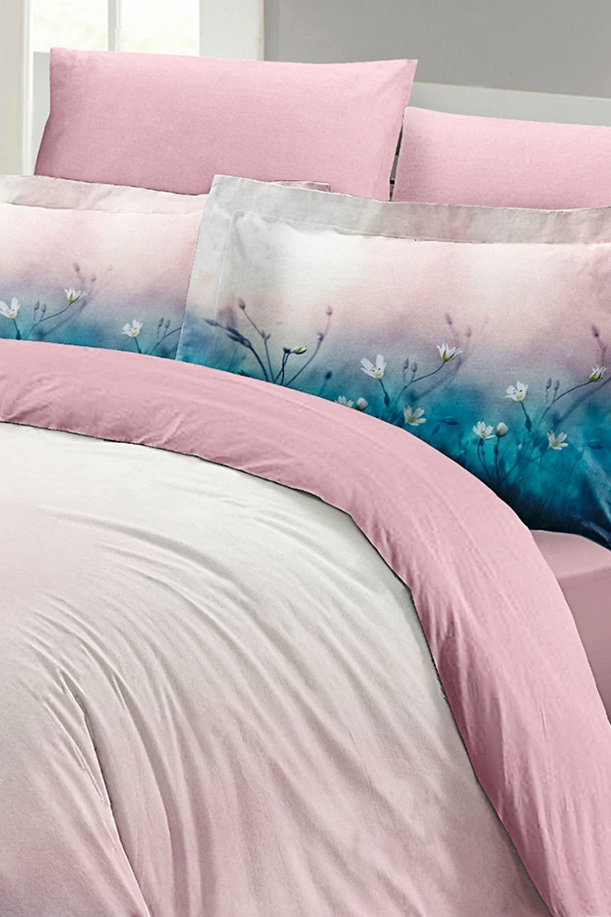 Lastikli Çarşaflı %100 Pamuk Saten Çift Kişilik Nevresim Takımı Soft Blue Luxury