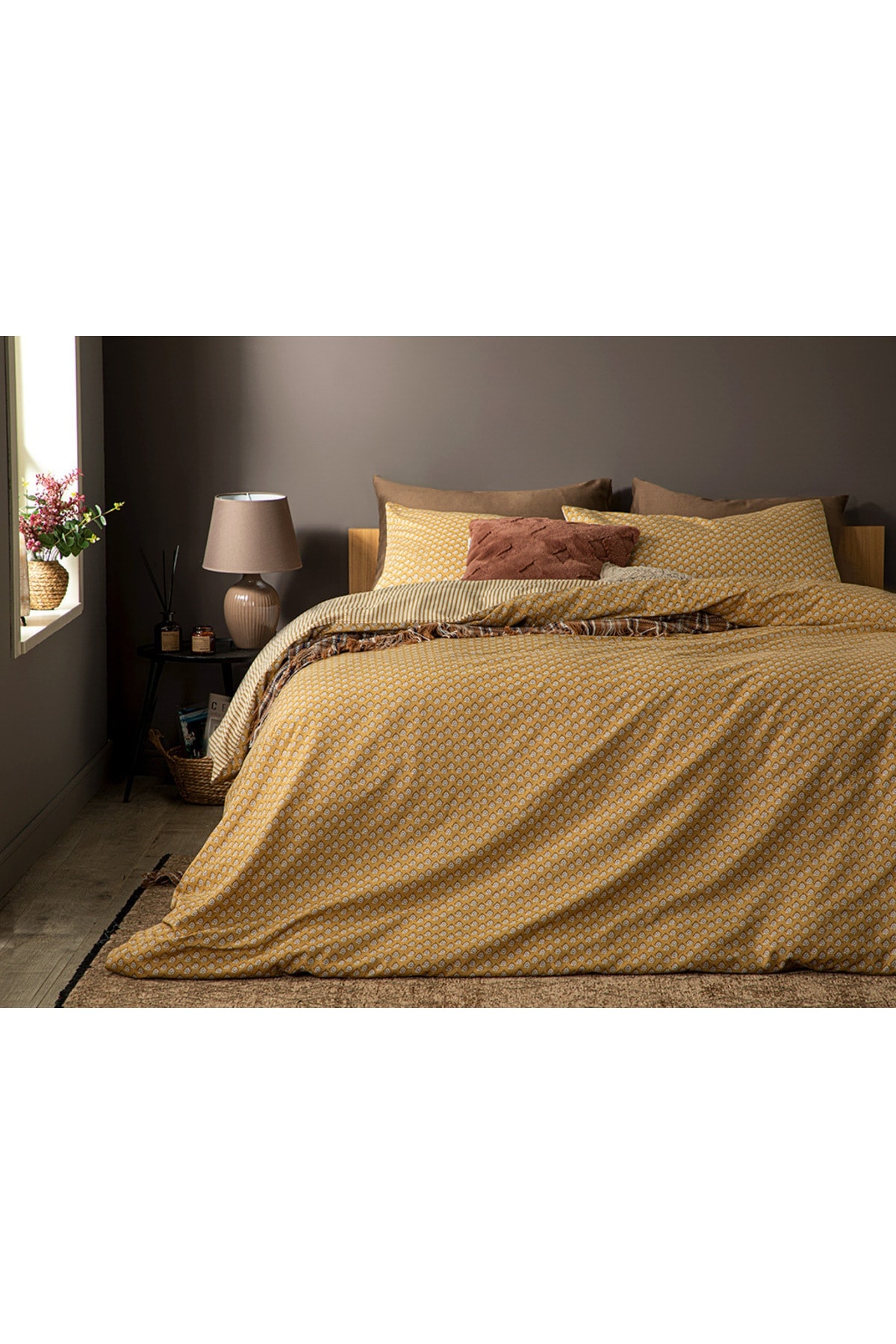Palm Krep Tek Kişilik Nevresim Takımı 160x220 Cm Hardal
