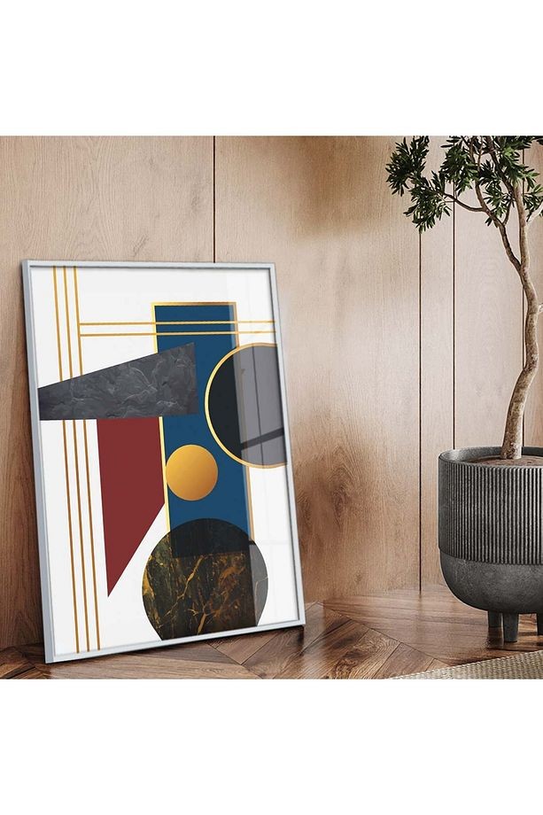 Gümüş Metal Çerçeveli Modern Çizim Geometrik Desen Kırılmaz Cam Tablo