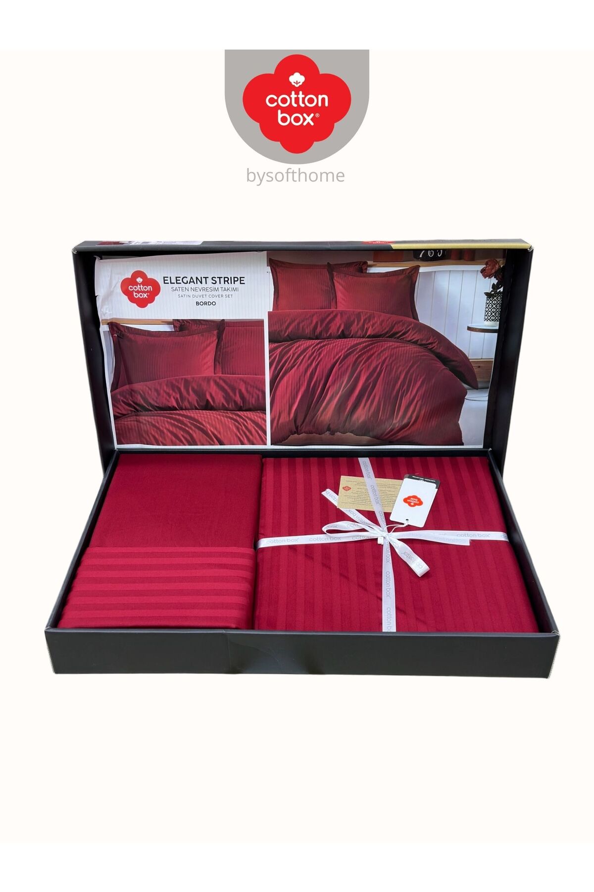 Elegant Stripe Bordo Çift Kişilik Pamuk Saten Nevresim Takımı