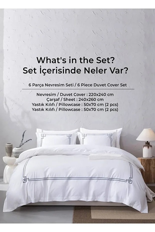 300 Tc King %100 Pamuk Saten Nakışlı Nevresim Takımı Battal Çift Kişilik 6 Parça Krem Kırık Beyaz Pu