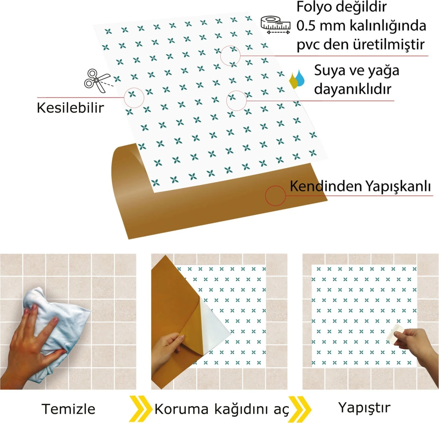 Kendinden Yapışkanlı Yonca Desenli Pvc Karo 30X30 cm (11 Adet) 1m2
