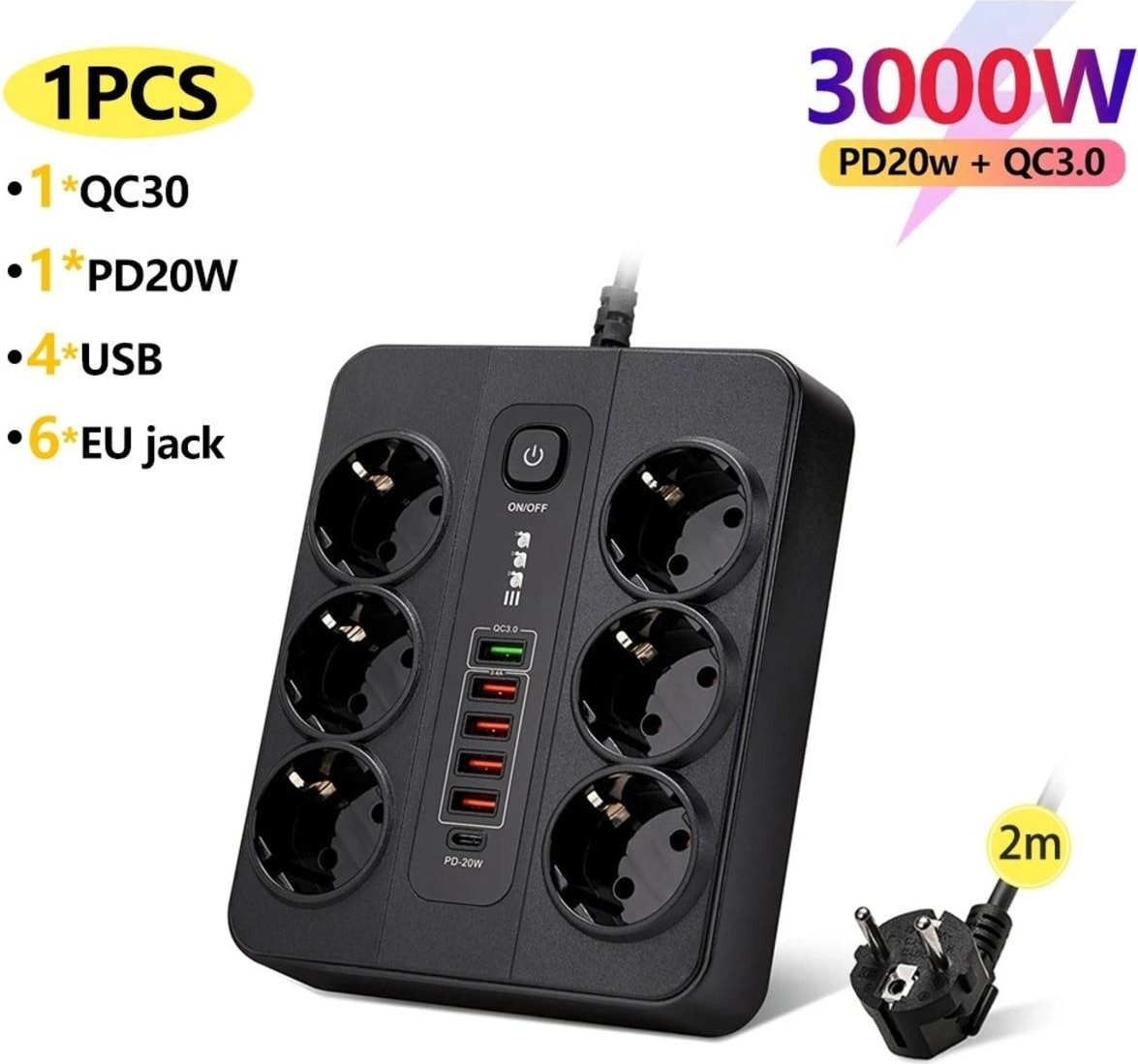 Termal Akım Korumalı 3000W 6 Lı Priz 2 Metre Uzatma Kablosu Çoklu Priz 5 USB 1 Type C Pd Giriş