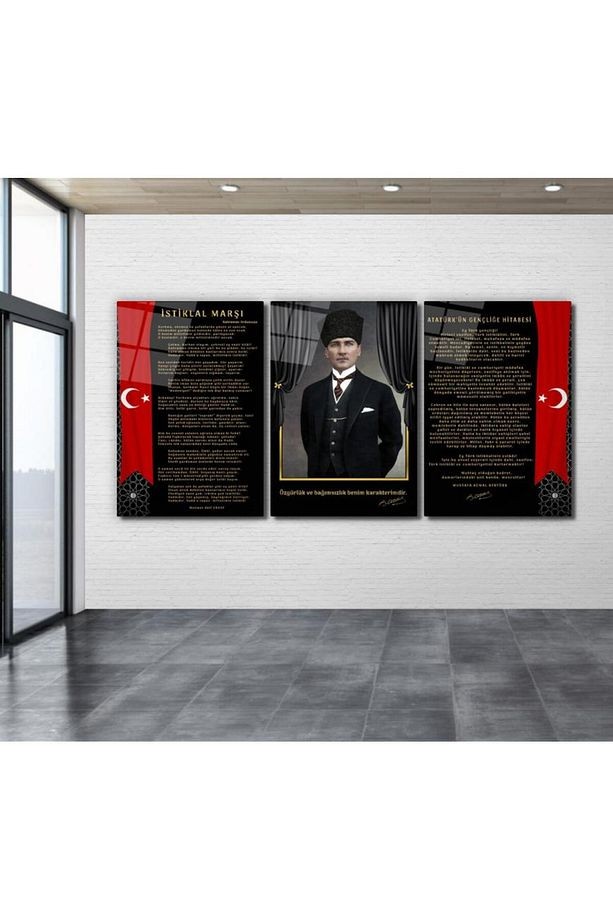 3 LÜ ATATÜRK KÖŞESİ OKUL İÇİN İŞ YERİ İÇİN MODERN TASARIM KIRILMAZ CAM TABLO LÜKS TABLO EV HEDİYESİ