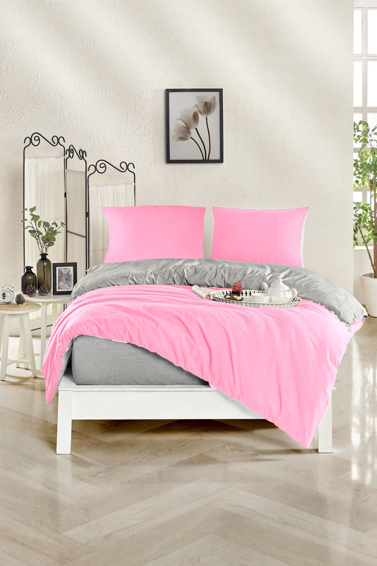 200x200 Lastikli Çarşaflı Çift Yön Nevresim Takımı Battal Boy Gri-Pembe