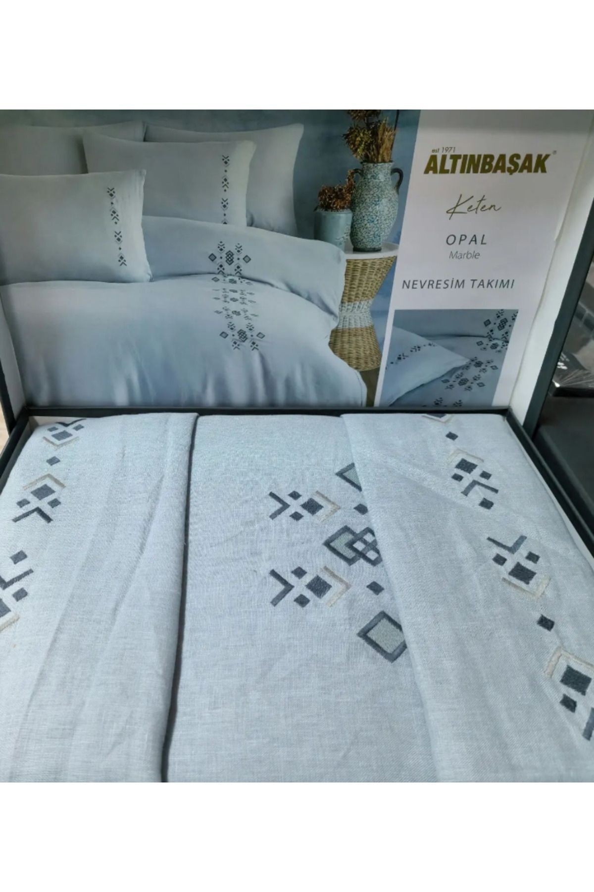 Çift Kişilik Nevresim Takımı Opal Marble Keten Nakışlı (Özel)