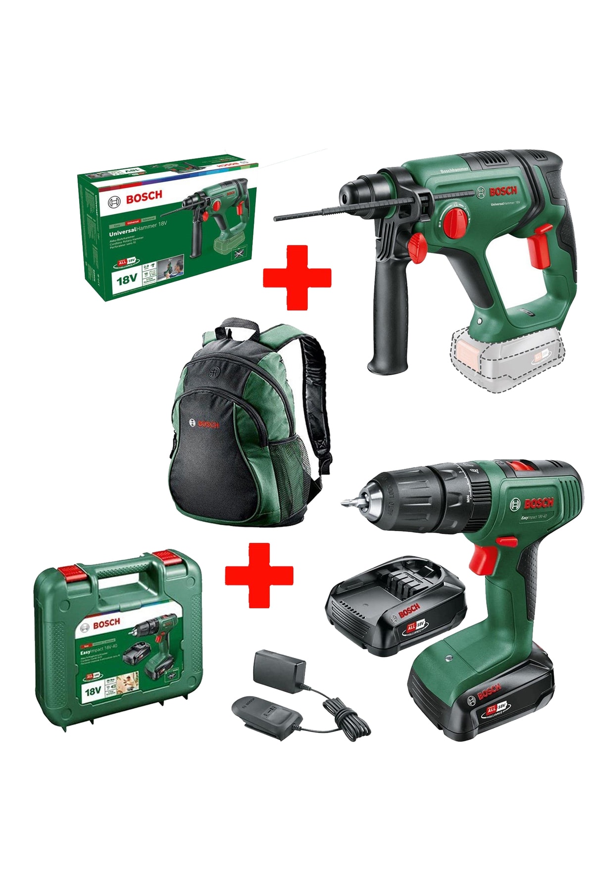 BOSCH EasyImpact 18V-40 (2x2Ah)+ Universalhammer 18v Kırıcı Delici (Aküsüz)+ Sırt Çantası