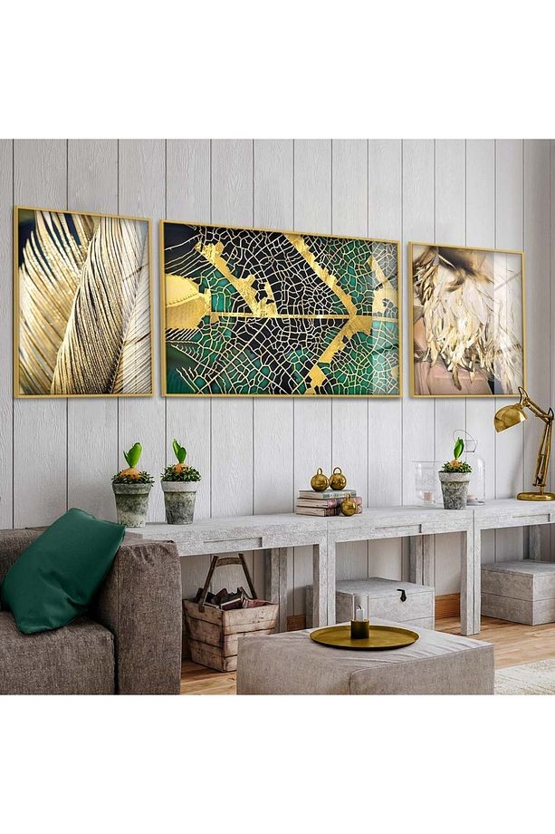 Gold Metal Çerçeveli Yaprak Deseni Üçlü Kırılmaz Cam Tablo Seti