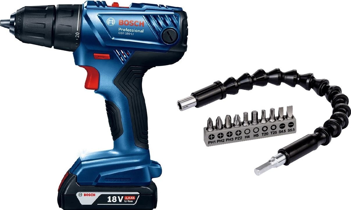 BOSCH GSR 180-LI 18V 2 Ah Çift Akülü Delme Vidalama Sarjlı Matkap + 30 cm Esnek Bükülebilir Vidalama Uzatma Adaptör Seti