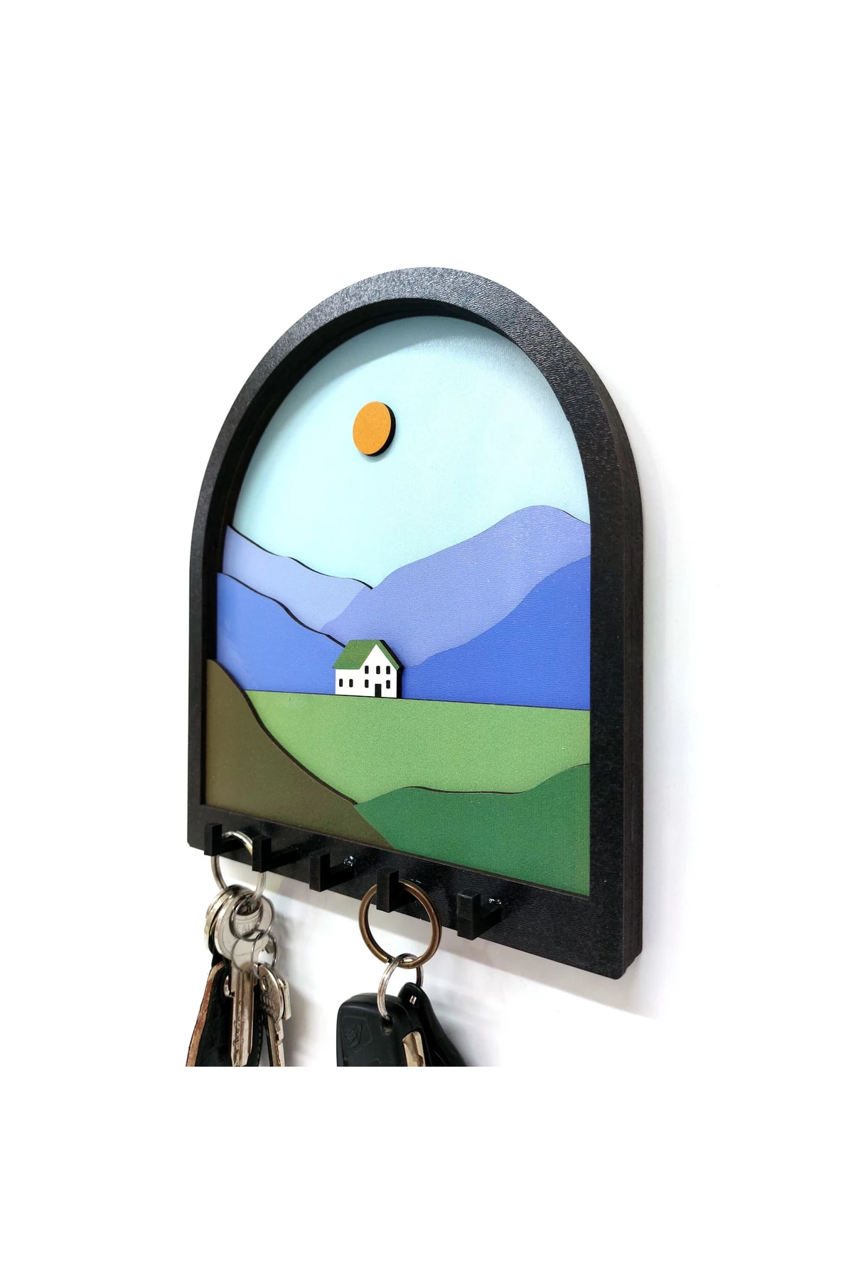 Ahşap Renkli Dağ Ova Ev 3d Kabartma Hol Askı Anahtarlık