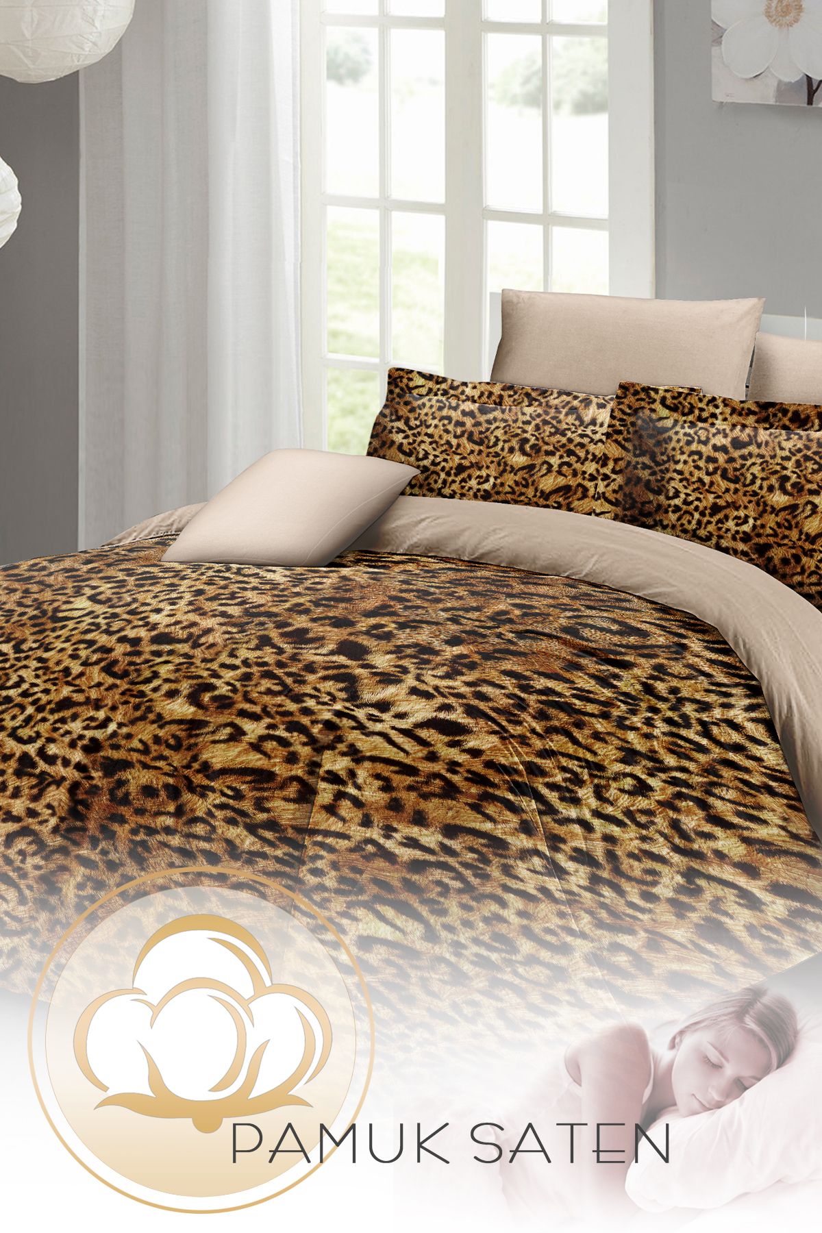 Kıng Sıze %100 Pamuk Saten Çift Kişilik Nevresim Takımı Golden Leopard 220x240cm