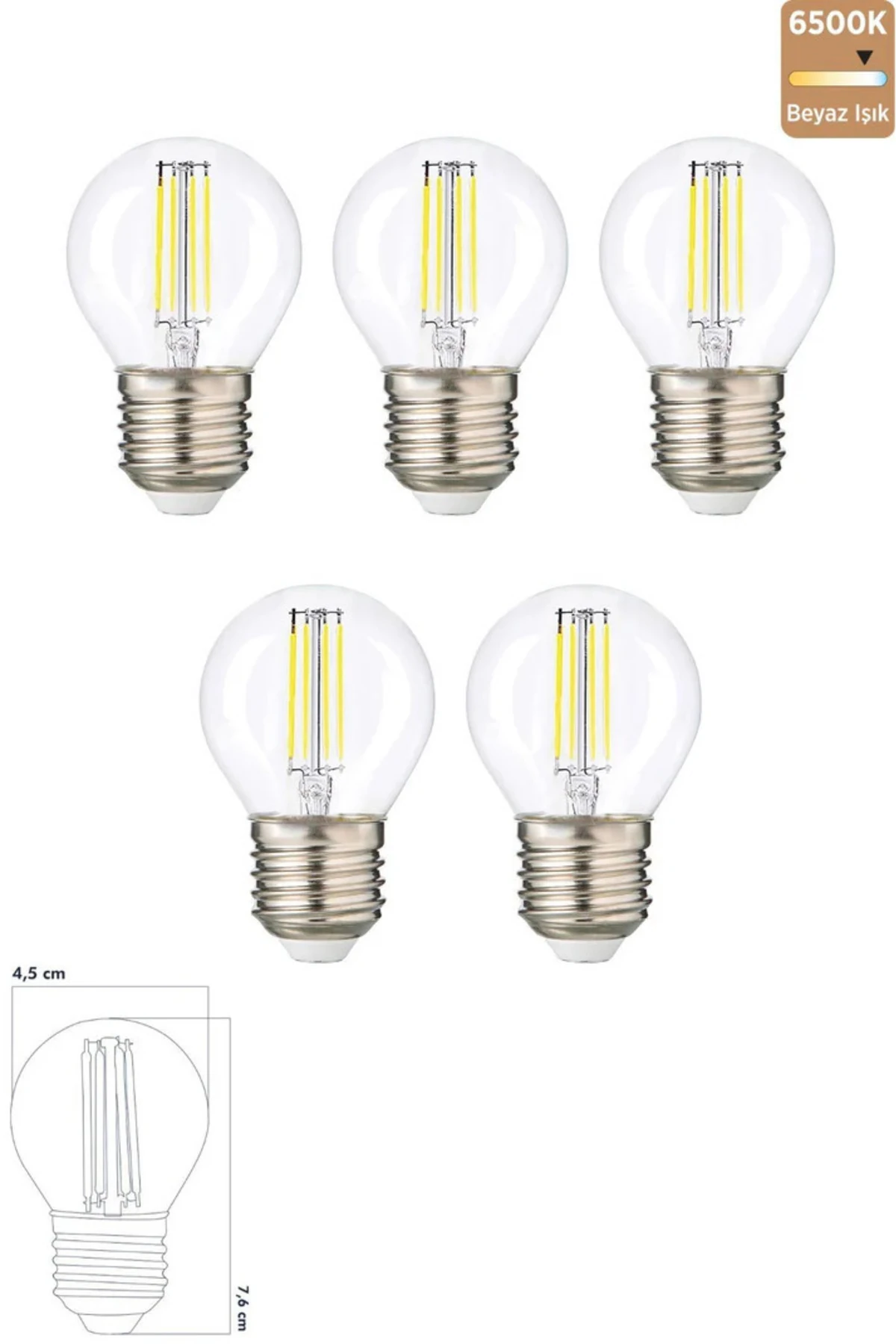 5 Adet G45 Şeffaf Cam E27 Mini Led Ampul - 6500 Kelvin Beyaz