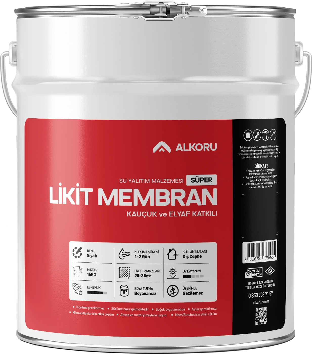 15 kg Süper Likit Membran Kauçuk ve Elyaf Katkılı Sıvı Su Yalıtım Malzemesi