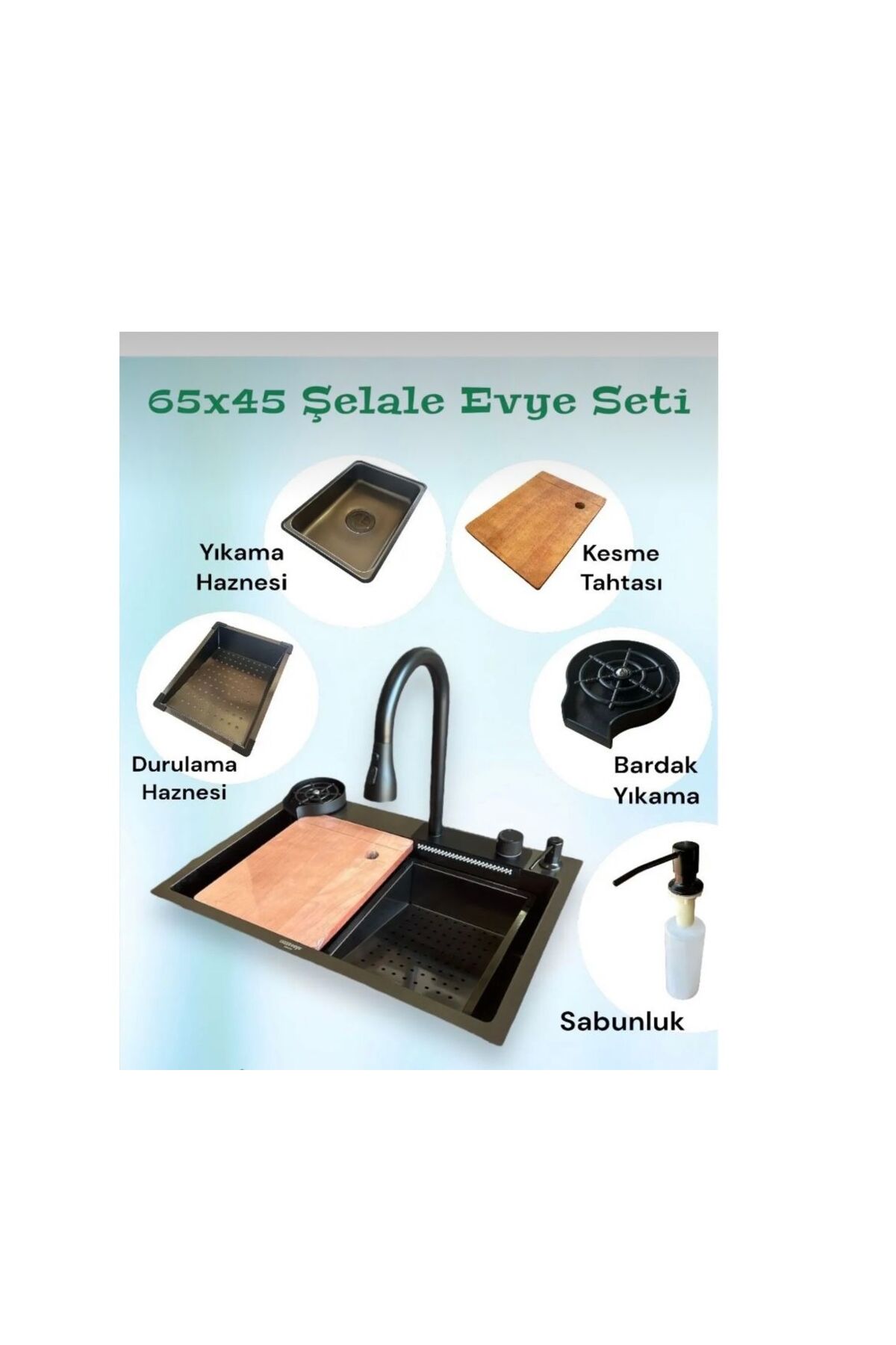 Ekser 65x45 Cm Akıllı Evye Seti Teknolojik Batatyalı Şelale Evye Siyah Tüm Aparatları Dahil