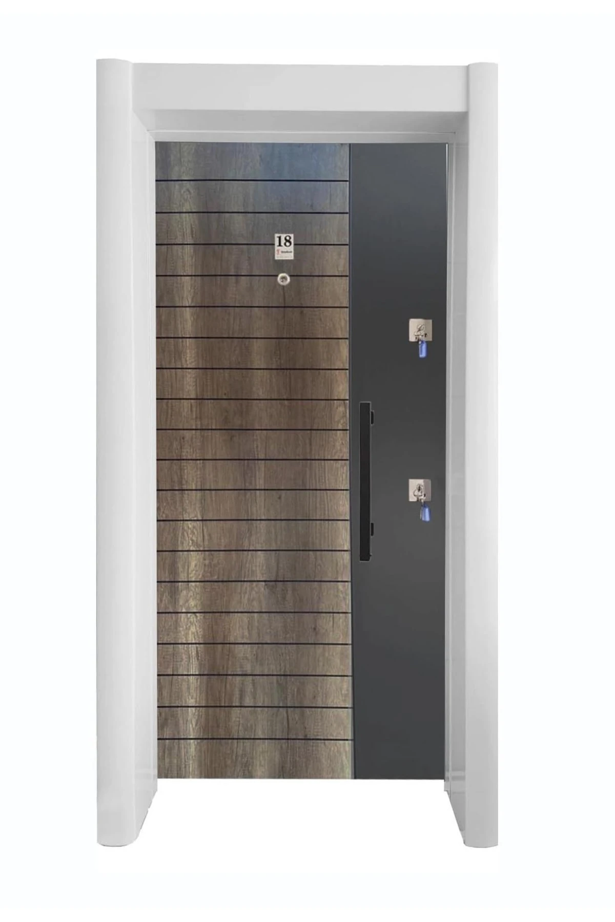 Celik Kapi Beyaz Kasalı Rustik Çizgili Düz Model Tırnaklı Sistem Çelik Kapı Sol Açılım