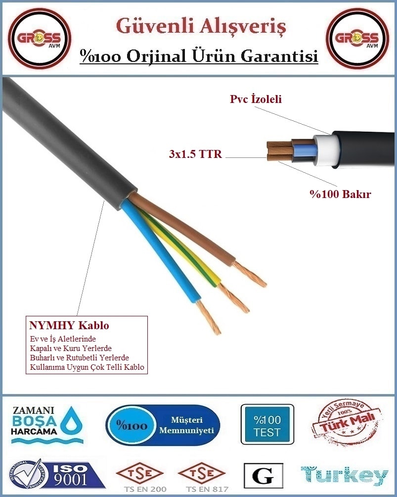 3x1.5 Nymhy Ttr Siyah Elektrik Uzatma Ara Kablosu - 2 Metre