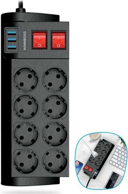 Isıya Dayanıklı Termal Akım Korumalı 2 Metre 16A 4000W 8li Priz ve 3 USB Li Uzatma Kablosu (4604)
