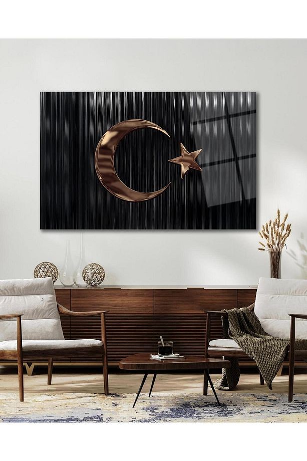 Türk Bayrağı Cam Tablo Bakır Renk Modern Ev Ofis Salon Kurum Hediyelik Tablo