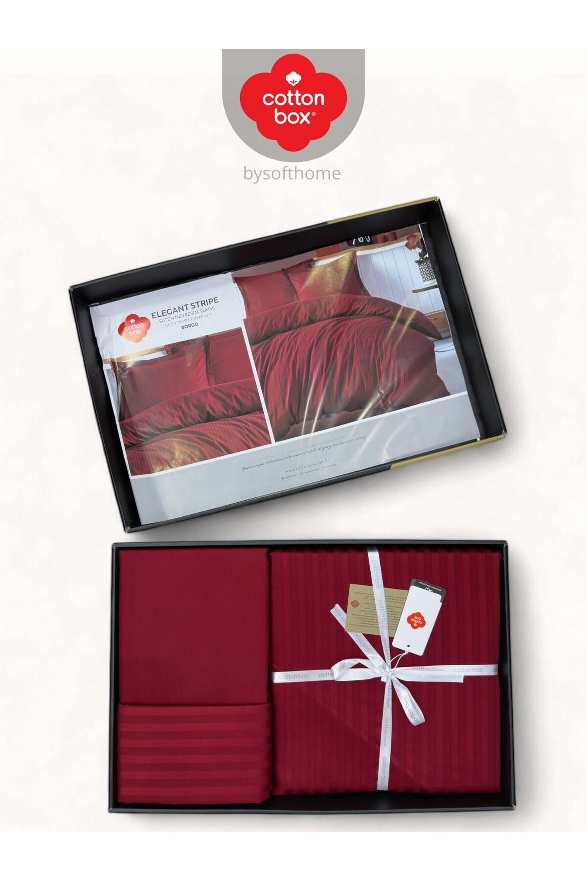 Elegant Stripe Bordo Çift Kişilik Pamuk Saten Nevresim Takımı