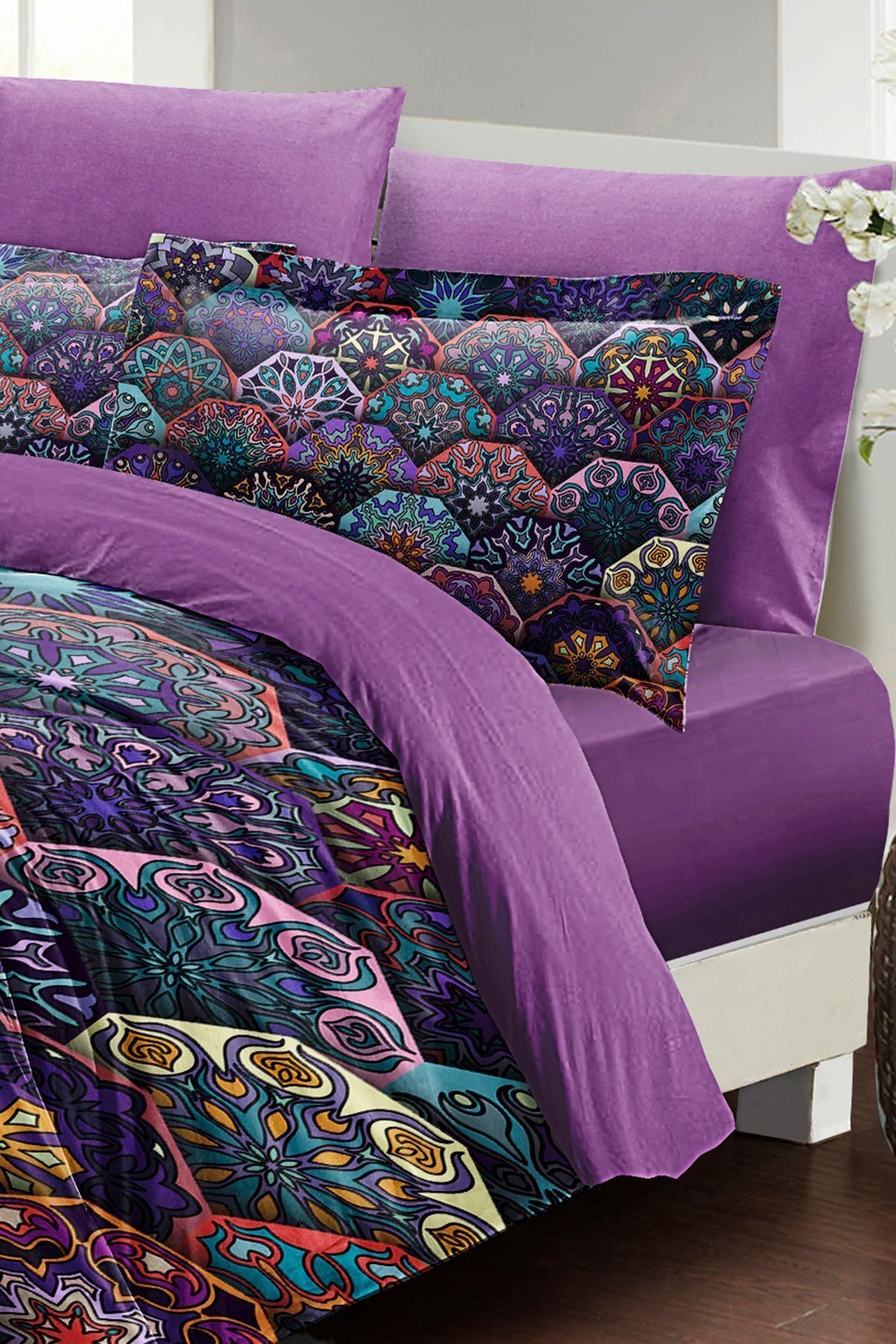 Nevresim Takımı %100 Doğal Pamuk Çift Kişilik 3d Digital Ethnic Purple